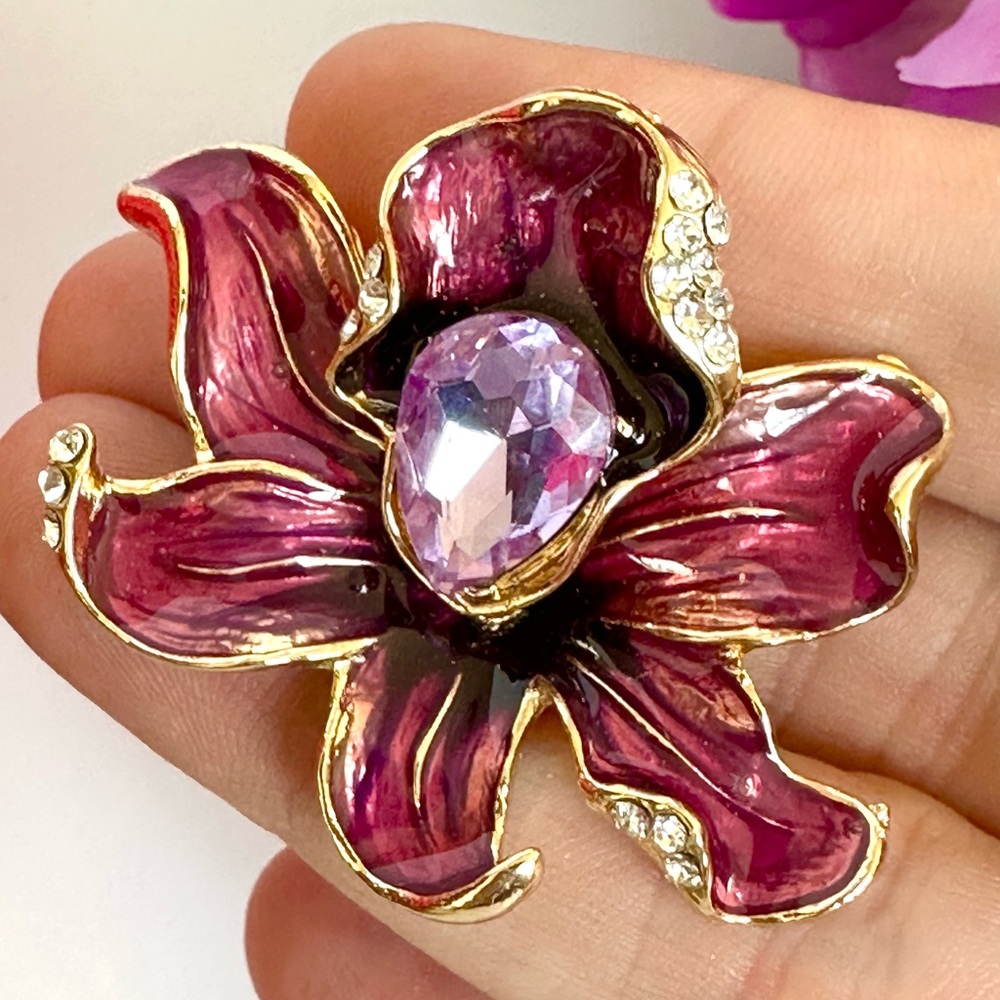 NWT - Springtime Lovely Enamel & Rhinestone Purple Peony Flower Brooch